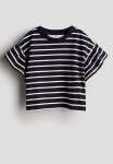 Flounce-sleeved Jersey Top - Navy Blue Striped