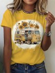 Casual Crew Neck Short Sleeve T-Shirt For Women Vintage Car And Sunflower Print Soft Fabric