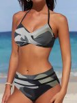 Camo Layered Ruched Bikini Sets Halter V Neck Backless High Cut Two Pieces Swimsuit Women's Swimwear & Clothing