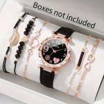 Elegant 6PCS Women's Quartz Watch Set With Faux Leather Strap Alloy Case & Love Leaf Bracelets - Fashionable Analog Display