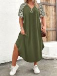 Plus Size Leopard Print Zipper Dress Casual Curved Hem Short Sleeve V Neck Dress For Spring & Summer Women's Plus Size Clothing