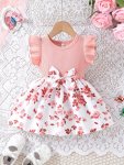 Baby's Bowknot Decor Casual Flower Pattern Cap Sleeve Dress Infant & Toddler Girl's Clothing For Daily Wear holiday party As Gif