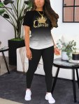 Queen Print Summer & Spring Casual Two-piece Set Gradient Color Crew Neck Short Sleeve Top & Solid Color Slim Pants Outfits Wome