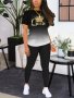 Queen Print Summer & Spring Casual Two-piece Set Gradient Color Crew Neck Short Sleeve Top & Solid Color Slim Pants Outfits Women's Clothing