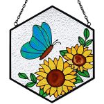 Huray Rayho Stained Glass Butterfly Sunflower Suncatcher Window Hanging Ornament Hand Paint Double Side Light Transmission Hexag
