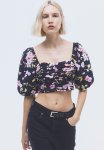 Puff-sleeved Crop Top - Black Multi