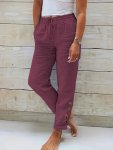 Solid Color Drawstring Waist Cotton Pants Casual Slant Pocket Button Decor Comfy Pants Women's Clothing