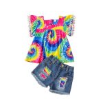 Tie Dye Pom Pom Flare Top With Matching Denim Shorts 6-7Y