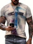 Cross Print Men's Crew Neck Fashionable Short Sleeve Sports T-Shirt Comfortable And Versatile For Summer And Spring Athletic Sty