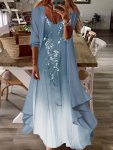 Plus Size Casual Outfits Set Women's Plus Solid Three Quarter Sleeve Open Front Asymmetric Hem Cardigan & Random Print Ombre Tan