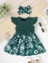 Baby's Flower Pattern Splicing Cotton Ribbed Dress Bowknot Decor Cap Sleeve Dress Infant & Toddler Girl's Clothing For Summer/spring As Gift