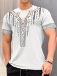 Retro And Ethnic Style Geometric Print Crew Neck And Short Sleeve T-Shirt Men's Summer Leisure Top For Daily And Outdoors Wear