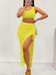 Solid Color Two-piece Skirt Set Sleeveless One-shoulder Crop Top & Drawstring Split Hem Fit Skirt Outfits Women's Clothing