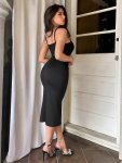 Solid Color Notched Neck Cami Dress Elegant Sleeveless Bodycon Dress For Club & Party Women's Clothing