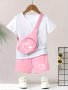 Chic Smile Print Girls 3PCS Basic T-Shirt + Elastic Waist Shorts With Bag Set Casual Sports 2-PIECE Summer Outfit For Girls