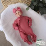 Baby Grow With Beanie And Bow Plain Dark Dusty Pink