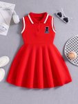 Girl's Sporty Lapel Dress Cute Heart Pattern Sleeveless A-line Dresses Outdoor Summer Gift