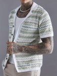 Men's Casual Fashion Hollow-out Knitted Top Short Sleeve Button Front Lightweight And Breathable Summer Shirt