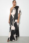 Printed Asym Satin Kaftan - Black Oyster Macro Geo Aop