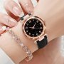 2 Pcs Black Quartz Watches Pu Leather Strap Alloy Pointer Alloy Dial And Rhinestone Bracelet For Women