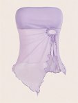 Solid Split Mesh Tube Top Sexy Slim Sleeveless Strapless Tie Front Asymmetrical Hem Lettuce Trim Top For Spring & Summer Women's