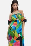 Linen-blend Off-the-shoulder Dress - Green Patterned