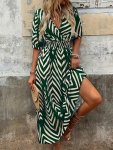Allover Print Shirred Waist A-line Dress Elegant V Neck Short Sleeve Dress For Spring & Summer Women's Clothing