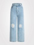 Girl's Casual Ripped Denim Jeans Wide Leg Pants With Distressed Details Elastic Waist Fashion Streetwear For Teens Fluid Pants