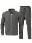 Men's Solid Color Casual Sports Wear Set Zip-up Long Sleeve Cardigan And Drawstring Trousers For Casual Daily Wear