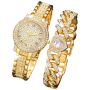 Luxury Rhinestone Quartz Watch & Heart Charm Bracelet Set - Gold