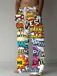 Men's Casual Beach Pants With Drawstring Elastic Waist Side Pockets Explosion Letter Pattern Print Comfortable Summer Trousers F