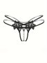 Floral Embroidery Faux Pearl Decor Thongs Open Crotch Low Waist Intimates Panties Women's Sexy Underwear