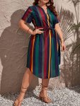 Plus Size Striped Print Belted Dress Elegant Notched Neck Short Sleeve Dress For Spring & Summer Women's Plus Size Clothing