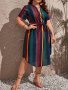 Plus Size Striped Print Belted Dress Elegant Notched Neck Short Sleeve Dress For Spring & Summer Women's Plus Size Clothing