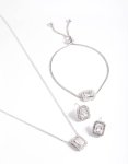 Silver Diamond Simulant Square Halo Jewellery Set