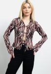 Tie Front Printed Satin Shirt - Brown And White