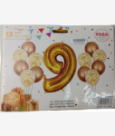 13PC Gold And White Balloon Set NR.9 - 13PC Set Consisting Of 1 X 81CM Number Balloon 6PC 30.5CM Gold Balloons 6PC 30.5CM