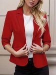 Notched Collar Button Front Blazer Elegant Ruched 3 4 Sleeve Blazer For Office & Work Women's Clothing