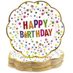 50PCS Happy Birthday Plates 9IN Scalloped Colorful Paper Plates Polka Dots Birthday Party Supplies Disposable Rainbow Dots Table
