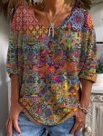 Plus Size Colorful Geometric Print V Neck T-Shirt Casual Long Sleeve T-Shirt For Spring & Fall Women's Plus Size Clothing