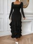 Elegant Black Dress With Ruffled Hemline - Long Sleeve Fitted And H-shape Design - Perfect For Special Occasions