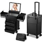 Faquenc Rolling Makeup Case With Lighted Mirror Cosmetology Case On Wheels With LED Mirror Professional Salon Trolley Cart With