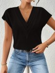 Solid Color Layered V Nec Blouse Elegant Short Sleeve Top For Spring & Summer Women's Clothing