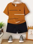 2PCS Boys Casual Simple Line Pattern Versatile Short Sleeve T-Shirt & Shorts Set Cool Lightweight And Comfy Summer Clothes