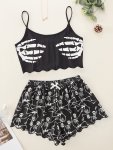 Women's Skull Print Frill Trim Gothic Pajama Set For Halloween Round Neck Backless Crop Cami Top & Shorts Comfortable Relaxed Fi