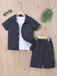 2PCS Boys Trendy Full Print Short Sleeve Lapel Shirt & Shorts Set Comfy Summer Boys Clothing