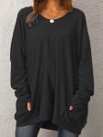 Plus Size Solid Pockets Top Casual Crew Neck Long Sleeve Top Women's Plus Sizeclothing