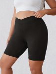 Plus Size Sports Shorts Women's Plus Solid Wide Waistband Elastic Slim Fit Biker Shorts