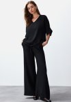 V-neck Blouse Trousers Woven Bottom & Top Set - Black