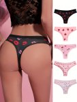 5PCS Heart & Fruit Print Thongs Cute Comfy Lace Trim Intimates Panties Women's Lingerie & Underwear